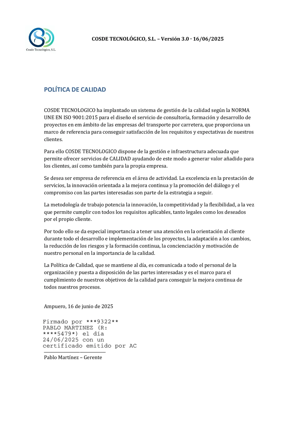 Vista previa de la Política de Calidad de COSDE Tecnológico, versión 3.0